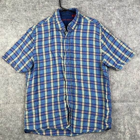 Report Collection Shirt Adult Large Linen Short Sleeve Collared Plaid Mens - Picture 1 of 9